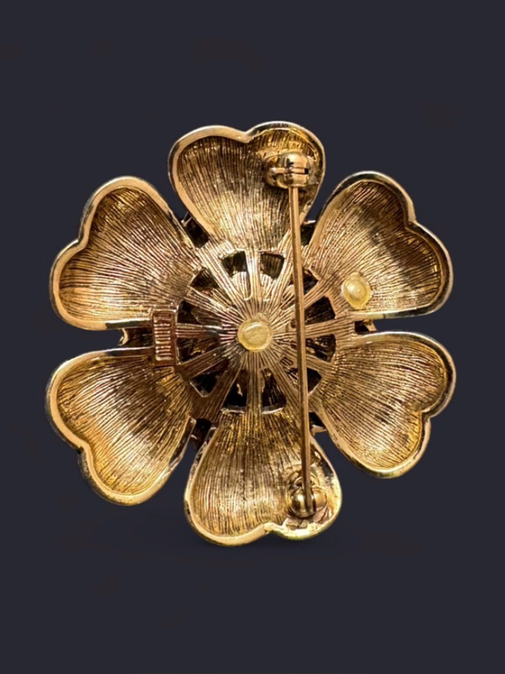 Rare Vintage BENEDIKT NY Flower Brooch Gold Tone with Pave Rhinestone Center - Picture 4 of 4